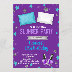 Purple theme sleepover party birthday invitation