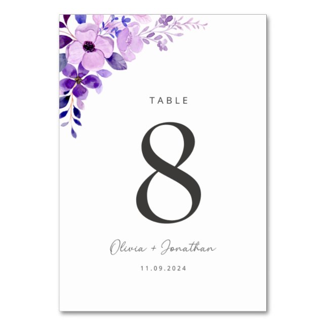 Purple Themed Wedding Table Card (Front)