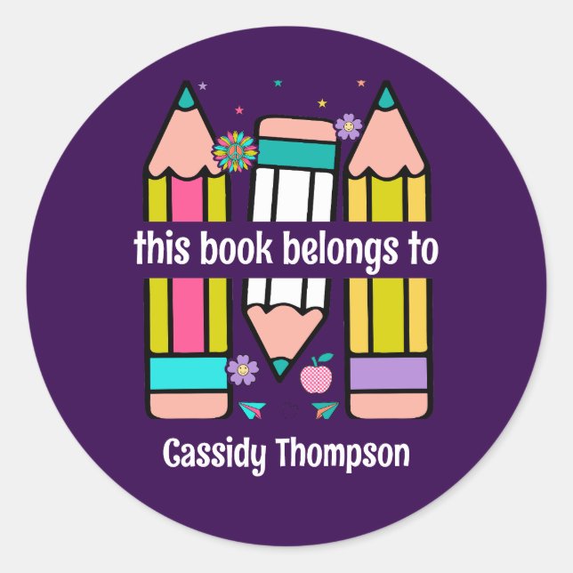 Purple This book belongs to pencil kids bookplate Classic Round Sticker (Front)