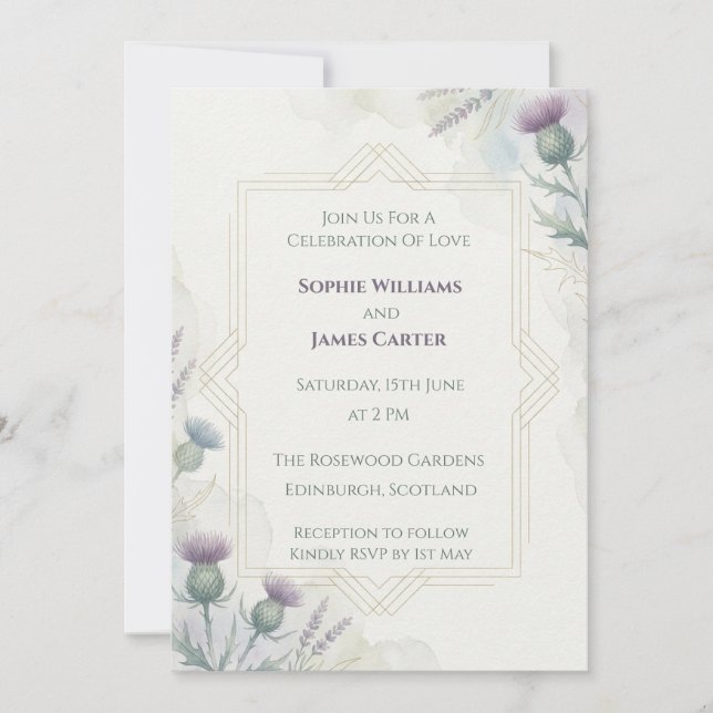 Purple Thistle Botanical Wedding Invitation (Front)