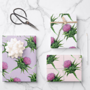 Purple Thistle Floral Pattern Wrapping Paper Sheet