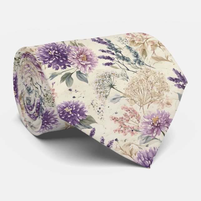 Purple Thistle & Wildflower Wedding Tie (Rolled)