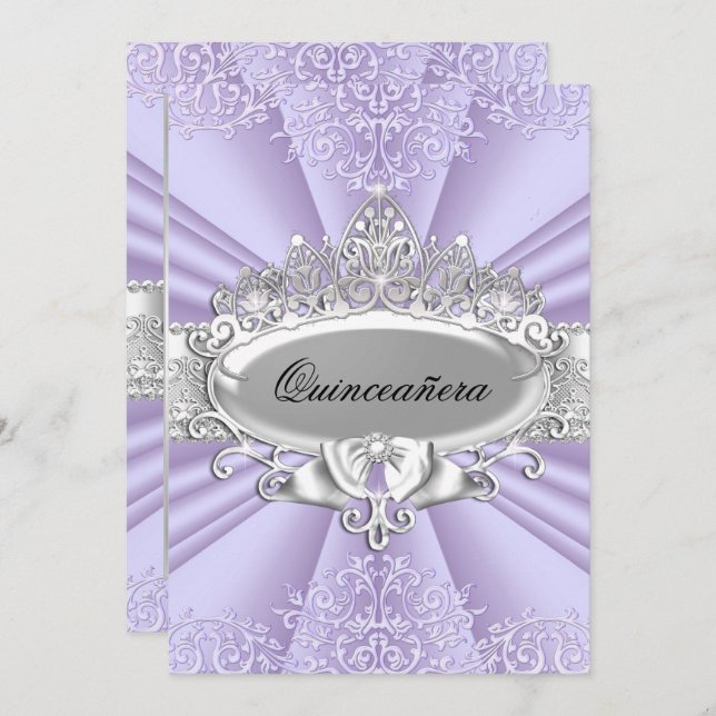 Purple Tiara & Damask Quinceanera Small Size Invitation (Front/Back)