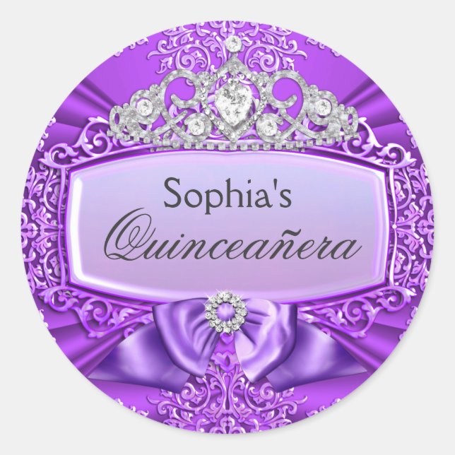 Purple Tiara & Damask Quinceanera Sticker (Front)