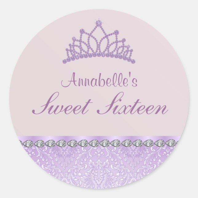 Purple Tiara & Damask Sweet16 Sticker (Front)