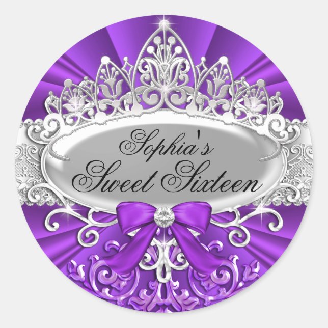 Purple Tiara & Damask Sweet Sixteen Sticker (Front)