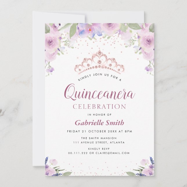 purple tiara floral Quinceanera invitation (Front)