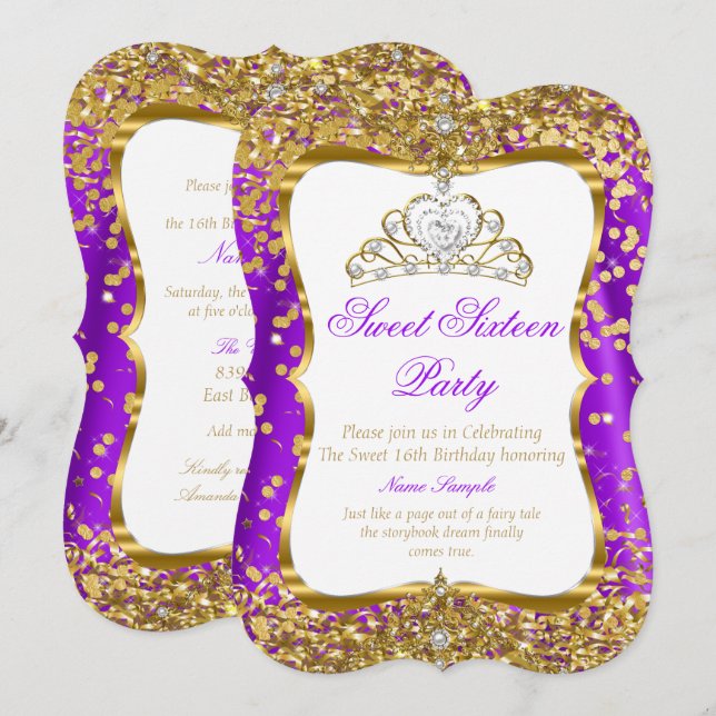 Purple Tiara Princess Sweet 16 Gold White Invite 2 (Front/Back)