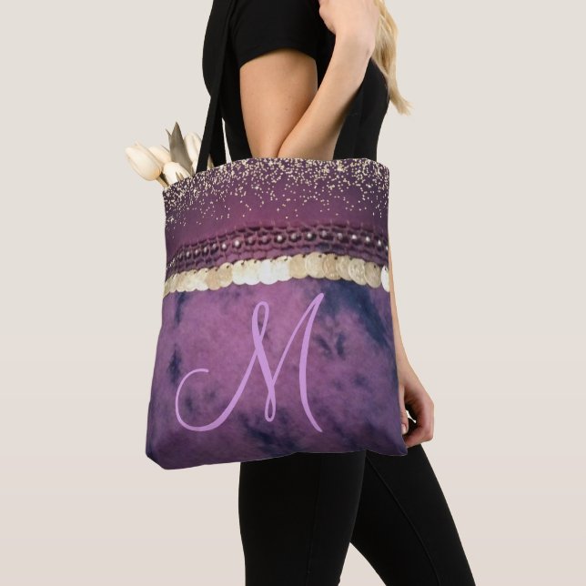 Purple Tie Dye Monogram Gold Coins Glitter Tote Bag (Close Up)