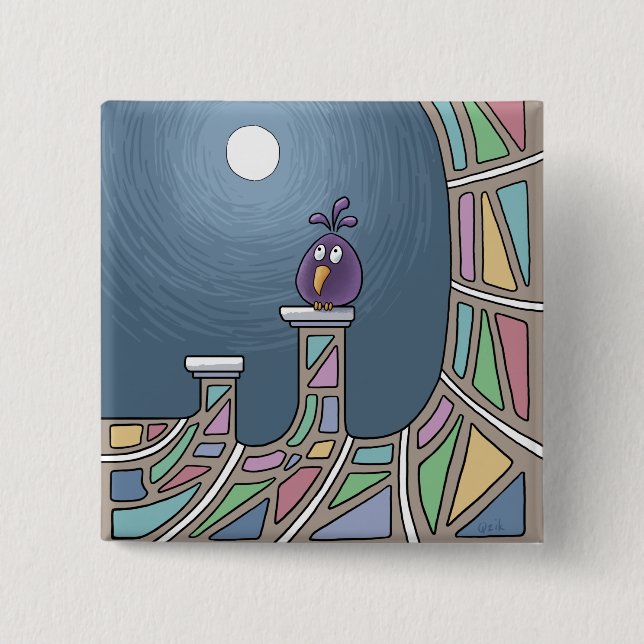  Purple Tiki Bird with full moon  Button (Front)