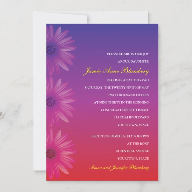 Purple to Red Ombre Daisy Bat Mitzvah Invitation (Front)