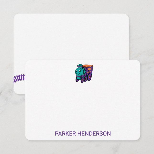 Purple Toy Train Track Personal Kids Stationery Thank You Card (Front/Back)
