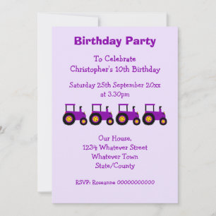 Purple Tractor Design Boy's Birthday Party Invitation