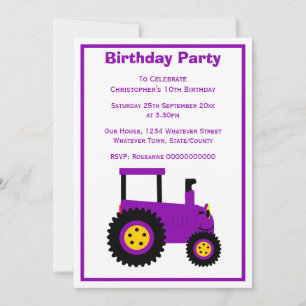 Purple Tractor Design Personalised Birthday Party Invitation