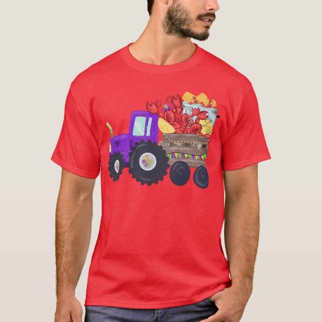 Purple Tractor Mardi Gras Crawfish Boil Farmer T-Shirt (Front)