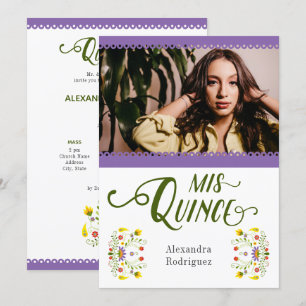 Purple Traditional Mexico Floral Photo Quinceanera Invitation