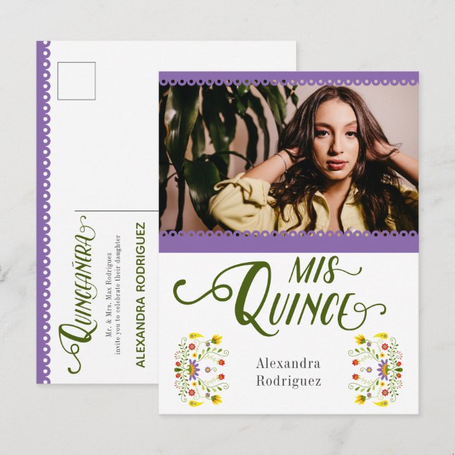 Purple Traditional Mexico Floral Photo Quinceanera Invitation Postcard (Front/Back)