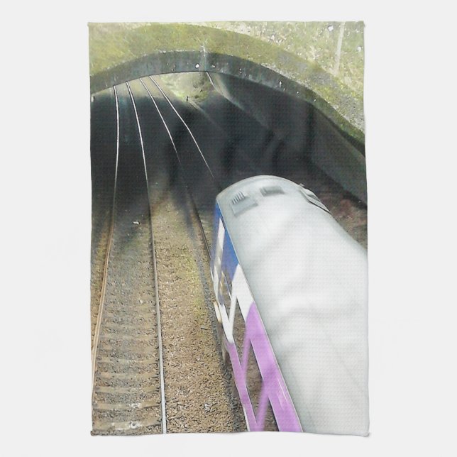 Purple Train, Railway Tracks, Tunnel, Traveling Tea Towel (Vertical)
