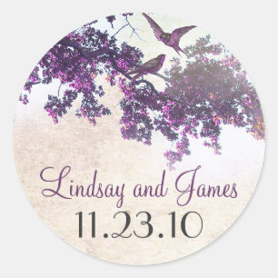 purple tree love birds wedding stickers