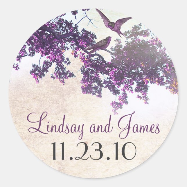 purple tree love birds wedding stickers (Front)