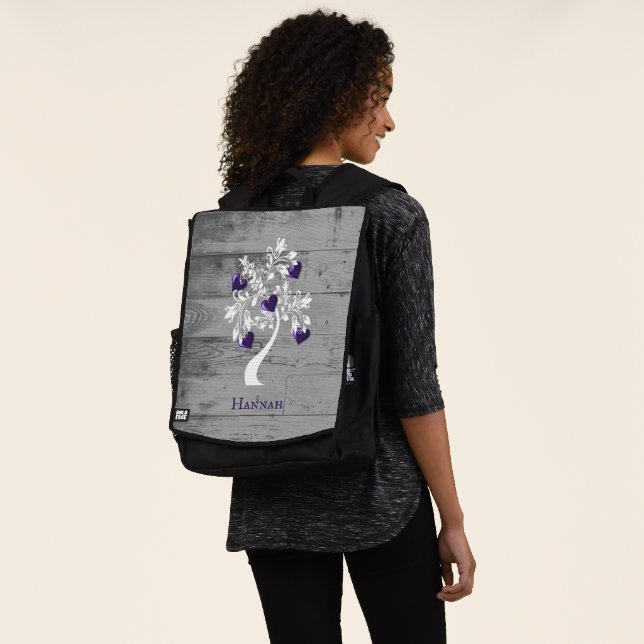 Purple Tree of Hearts Personalised Backpack (Worn)