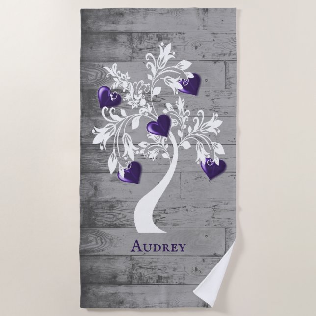 Purple Tree of Hearts Personalised Beach Towel (Front)