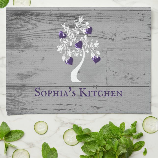 Purple Tree of Hearts Personalised Kitchen Towel (Folded)