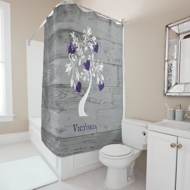 Purple Tree of Hearts Personalised Shower Curtain (In Situ)