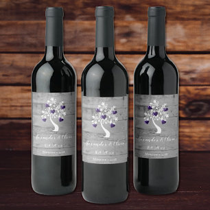 Purple Tree of Hearts Wedding Wine Label