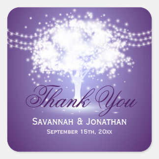 Purple Tree String Lights Wedding Thank You Square Sticker