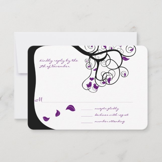 Purple Tree Swirls Love Birds Wedding Invitation (Front)