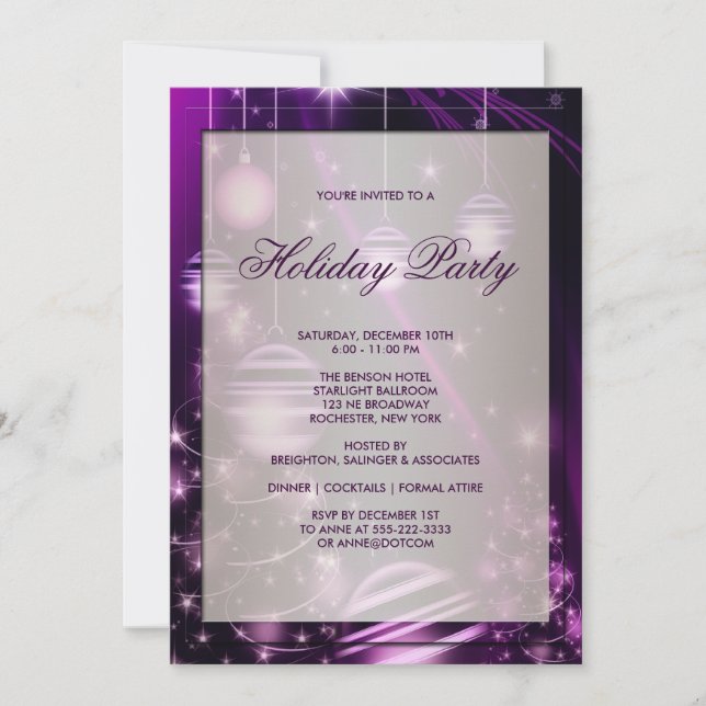 Purple Trees & Christmas Ornaments Holiday Party Invitation (Front)