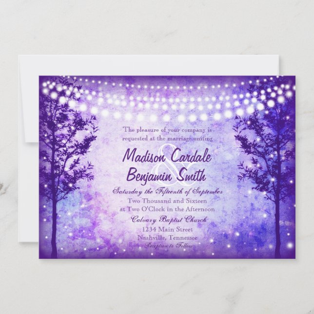 Purple Trees String Lights Wedding Invitations (Front)
