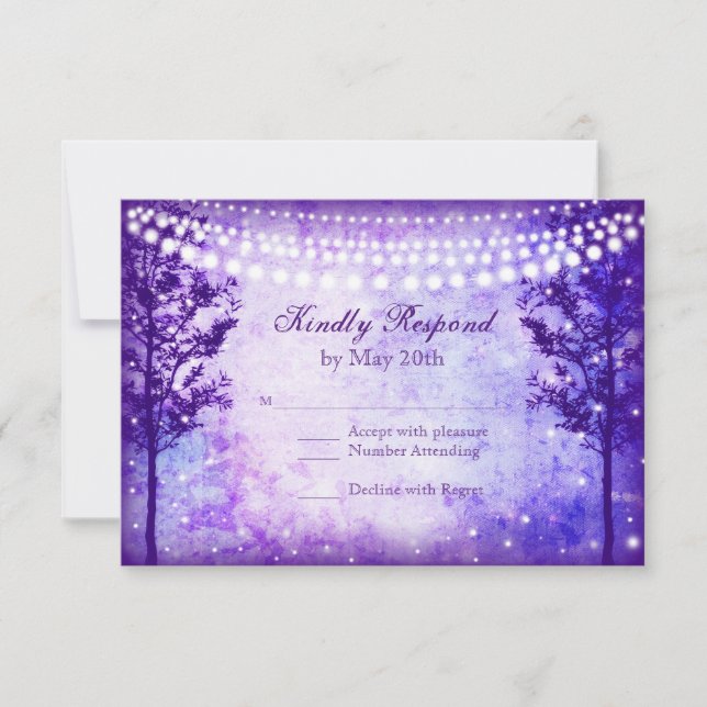 Purple Trees String Lights Wedding RSVP Cards (Front)