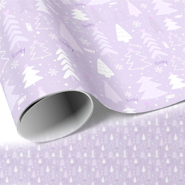 Purple Trees Winter Name Christmas Wrapping Paper (Purple Trees Winter Name Christmas Wrapping Paper)