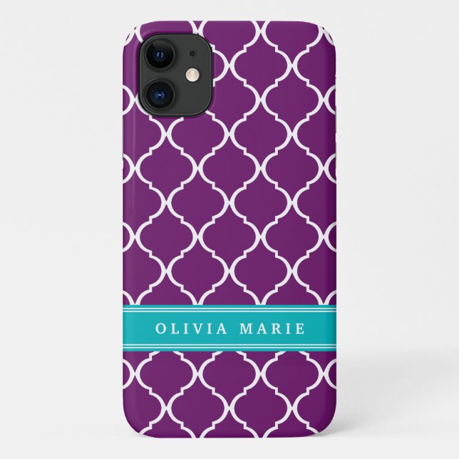 Purple Trellis Pattern Turquoise Name Case-Mate iPhone Case (Back)