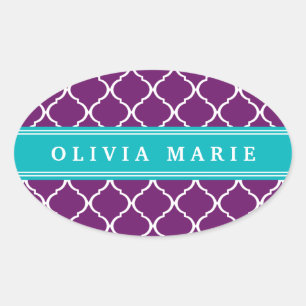 Purple Trellis Pattern Turquoise Name Oval Sticker