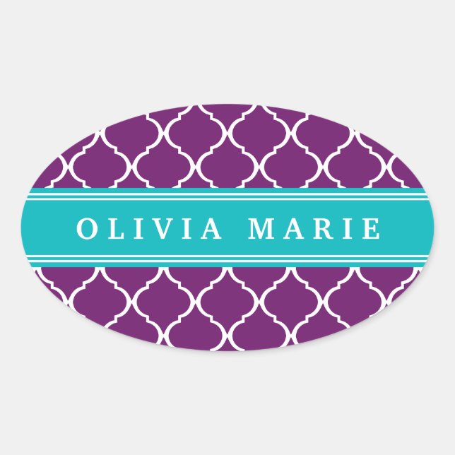 Purple Trellis Pattern Turquoise Name Oval Sticker (Front)