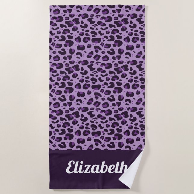 Purple trendy leopard print with name beach towel (Front)