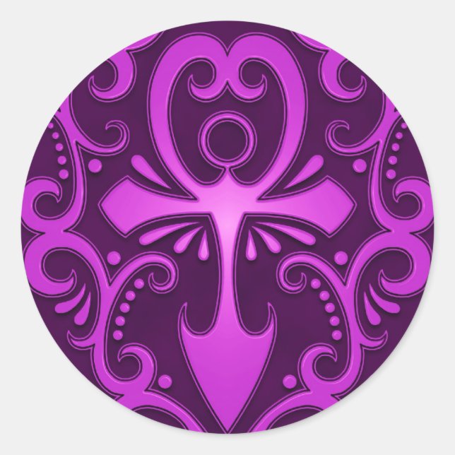 Purple Tribal Ankh Classic Round Sticker (Front)