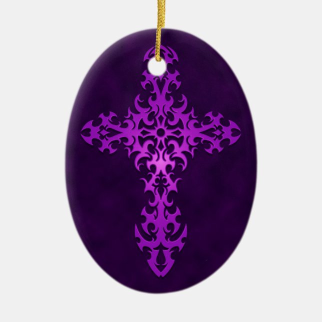 Purple Tribal Gothic Cross Ceramic Tree Decoration (Front)