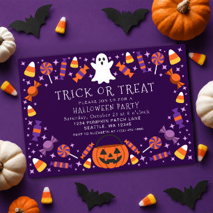 Purple Trick or Treat Candy Kids Halloween Party Invitation