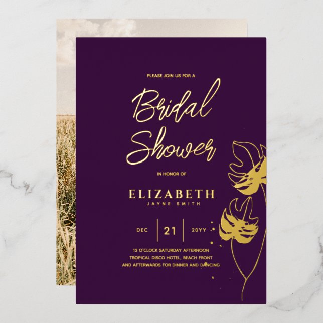 Purple Tropical Disco BRIDAL SHOWER Gold Leaves (Front/Back)