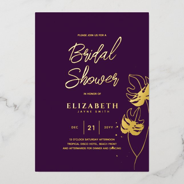 Purple Tropical Disco BRIDAL SHOWER Gold Leaves (Front)