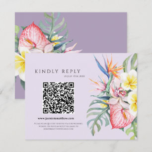 Purple Tropical Floral Hawaii QR Code Wedding RSVP Card