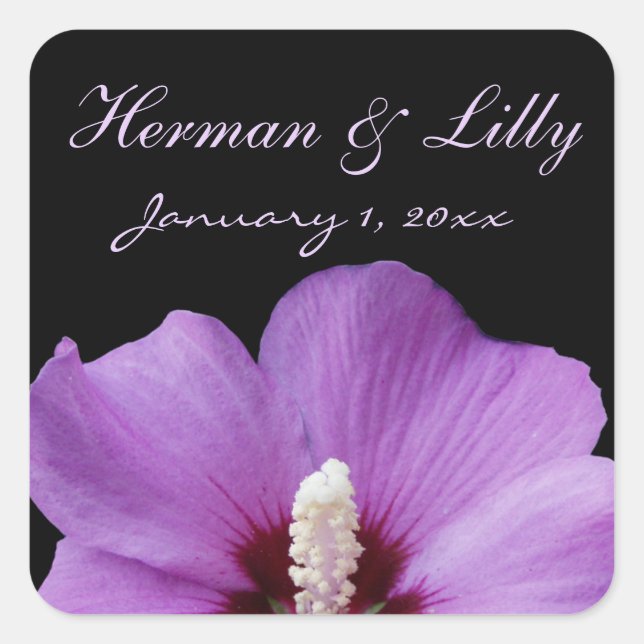 Purple Tropical Flower Personalised Wedding Square Sticker (Front)