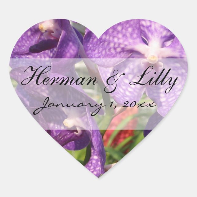 Purple Tropical Flowers Personalised Wedding Heart Sticker (Front)