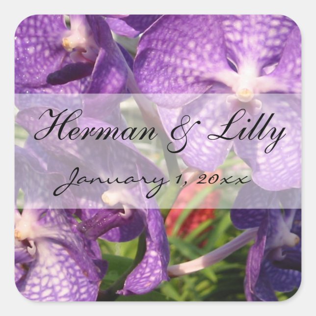 Purple Tropical Flowers Personalised Wedding Square Sticker (Front)