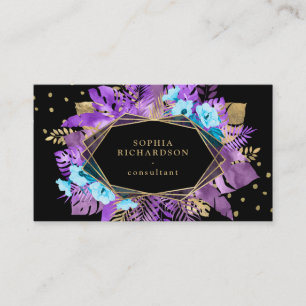 Purple Tropical Gold Leaves on Black   Geometric Business Card