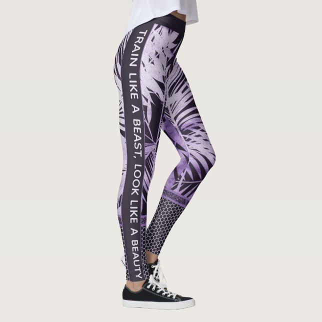 Purple tropical leaves glitter & quote stylish leggings (Right)